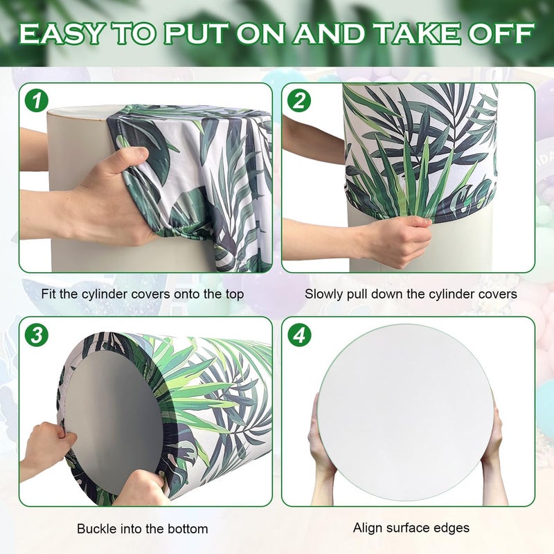 SaitiMade Set of 3 Green Leaves Cylinder Pedestal Stand Covers, 3pcs Spandex Green Leaves Cylinder Stand Covers for Party, Wedding or Birthday Event Decor (Only Contains Cylinder Covers) - Image 5